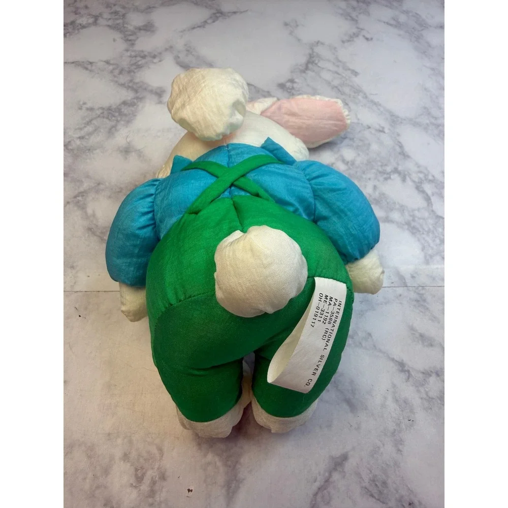 VTG International Silver Co Plush Easter Bunny Rabbit Blue Shirt Green Overalls